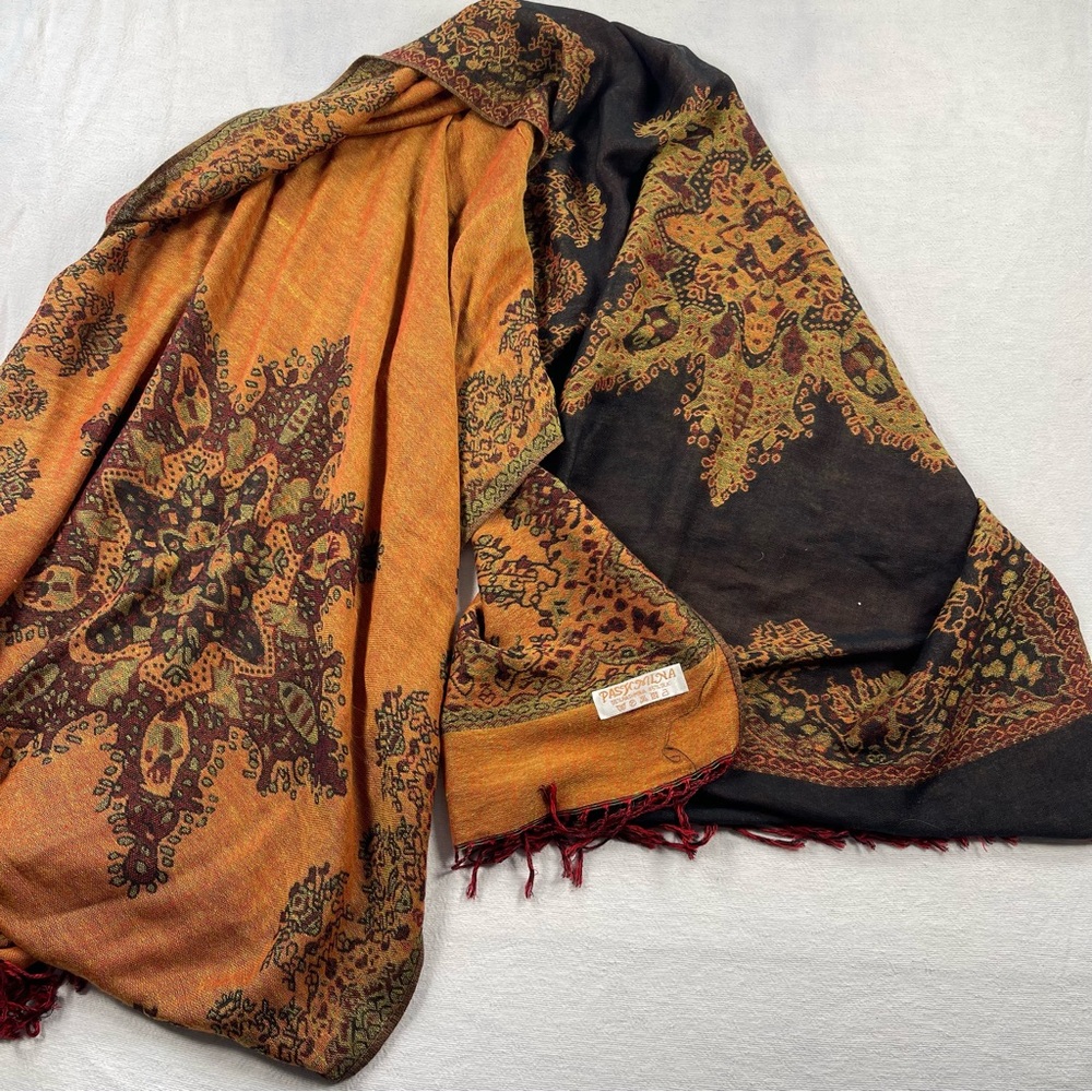 Vintage Pashmina Silk Reversible Paisley Medallion Wrap Scarf Orange & Black